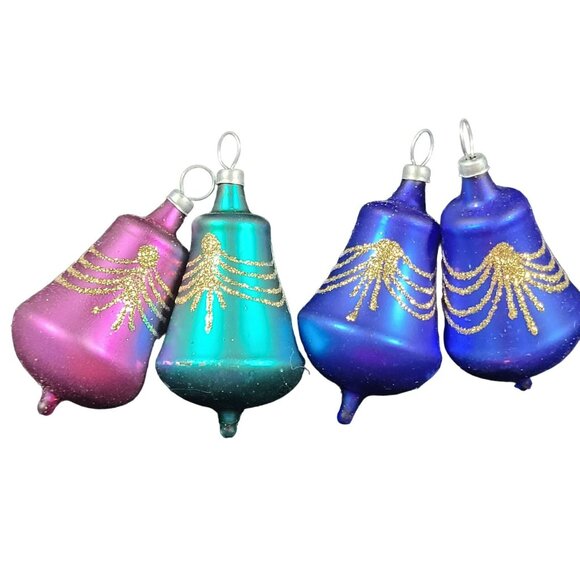 4 Glass Bell Christmas Tree Ornaments Glitter‎ Blue Pink Teal MCM Retro Vtg - Picture 1 of 5